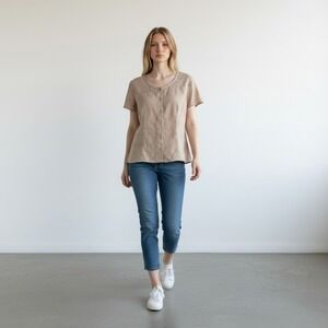 Basic Editions Vintage Women's L Grandma Core Linen Cotton Embroidered Tan Top